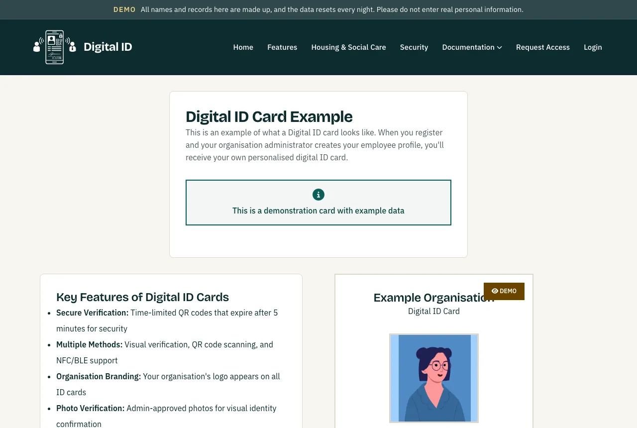 The example Digital ID card page, showing a demonstration card with a photo, organisation name, employee reference and QR code.