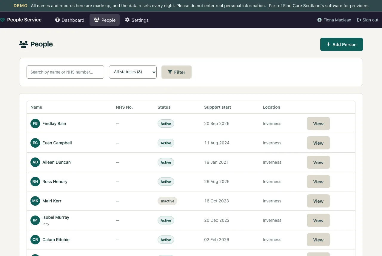 The people list in People Service, showing each person supported with their service and key worker.