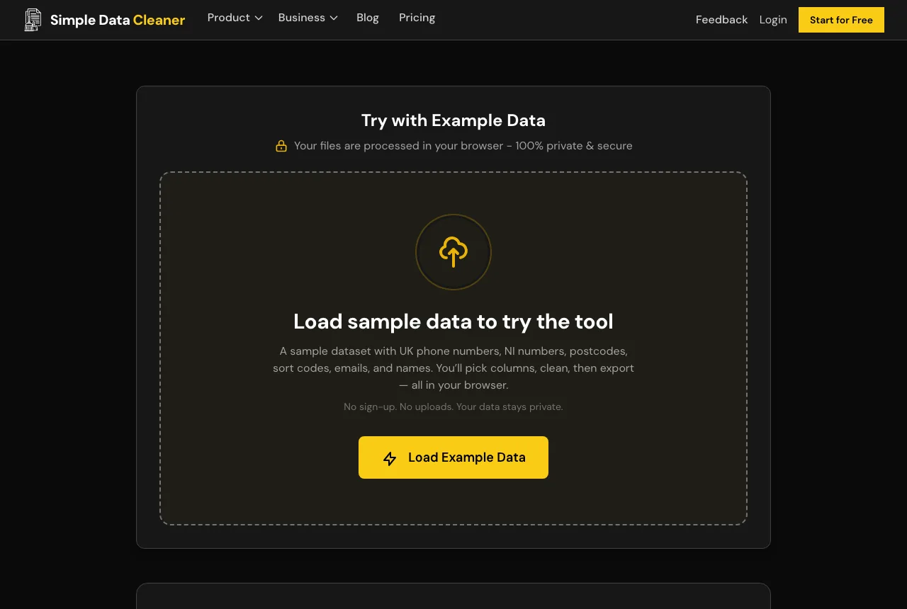 The Simple Data Cleaner example page, a dark screen inviting you to load sample data, with a note that nothing is uploaded and your data stays private.
