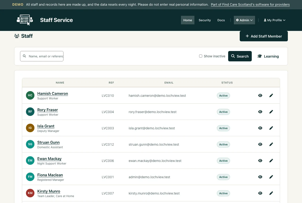 The staff list in Staff Service, showing each member of staff with their job title, reference and status.