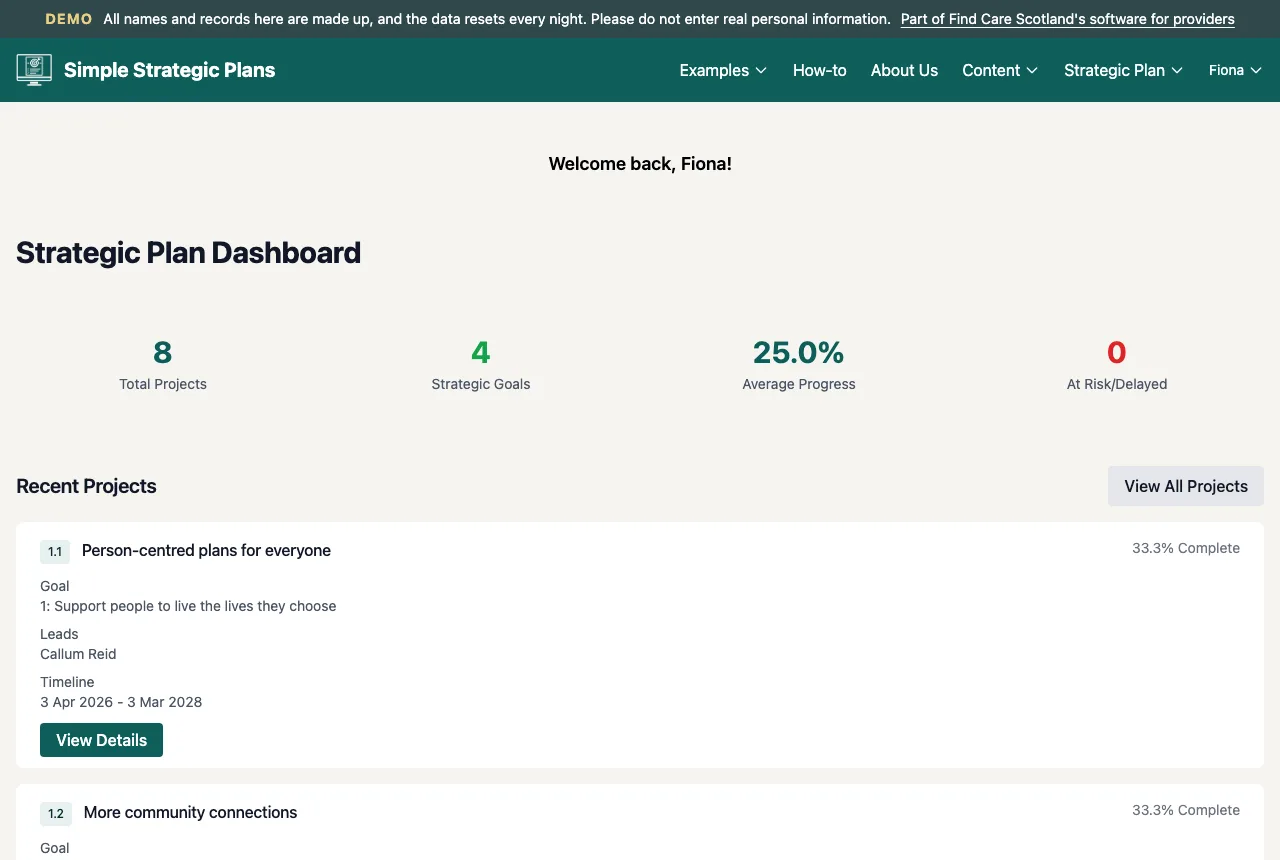 The Simple Strategic Plans dashboard, showing totals for projects and goals, average progress and a list of recent projects.